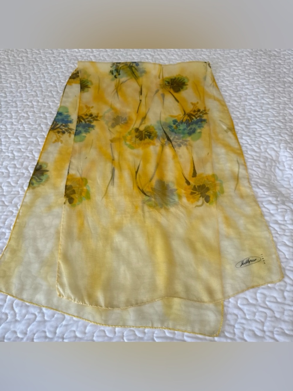 Vintage Jodhpur Paris Silk Scarf Floral Pansies Yellow Hand‎ Rolled Hem Sheer